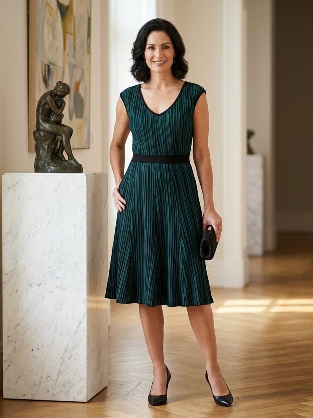 Pleated Fit & Flare A-Line Midi Dress Teal Black SP